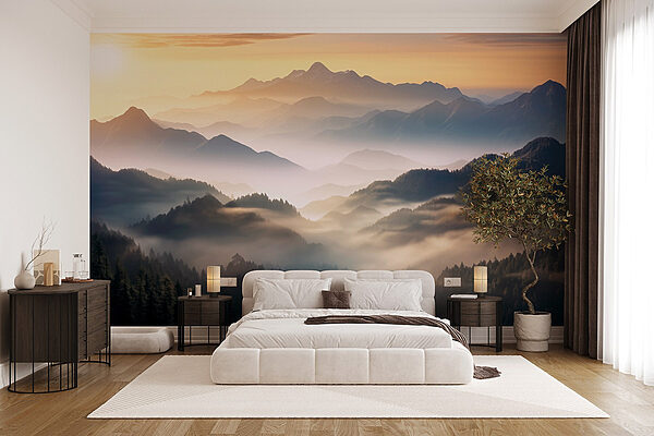 Landscape of mountains with fog and trees Wall murals Landscape of mountains with fog and trees