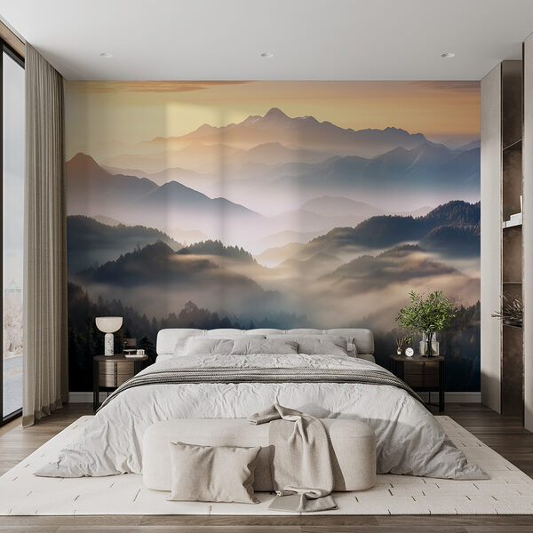 Landscape of mountains with fog and trees Wall mural Landscape of mountains with fog and trees