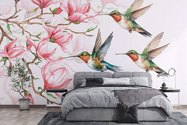 Group of hummingbirds flying next to flowers Wall murals Group of hummingbirds flying next to flowers