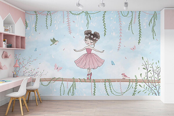 Girl in a pink dress on a branch Wall murals Girl in a pink dress on a branch