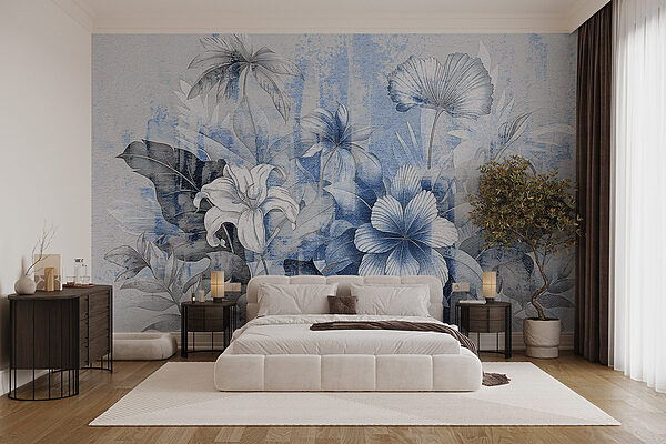Serene floral composition in blue tones Wall murals Serene floral composition in blue tones