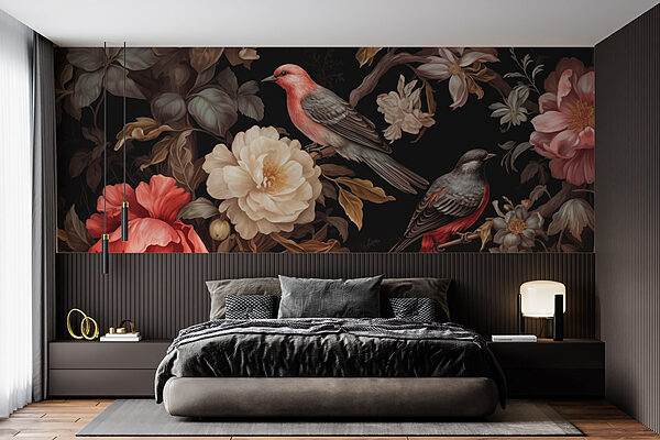 Painting of birds on flowers Wall murals Painting of birds on flowers