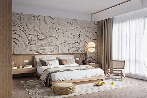 White wall with flowers and leaves Wall murals White wall with flowers and leaves