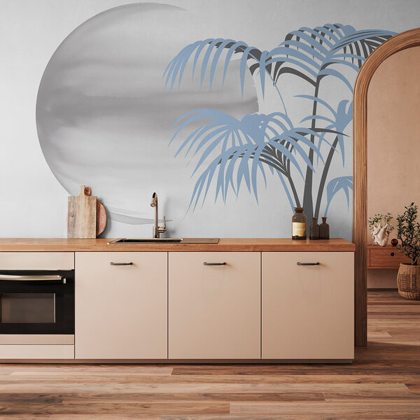 Tree with leaves and a round white circle Wall murals Tree with leaves and a round white circle