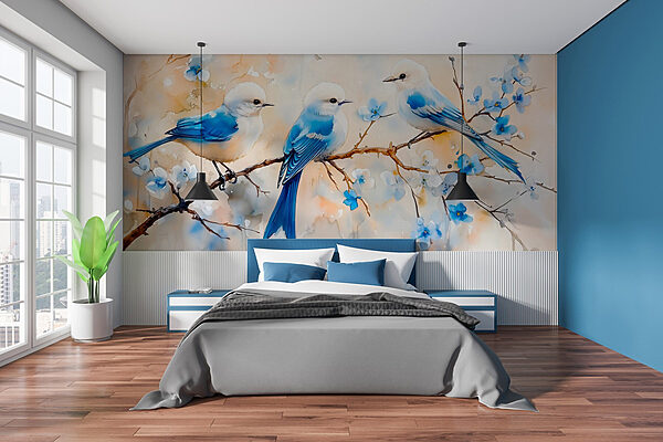 Group of blue birds on a branch Wall murals Group of blue birds on a branch