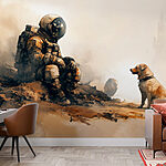 Wall murals An astronaut sitting on a rock looking at a dog