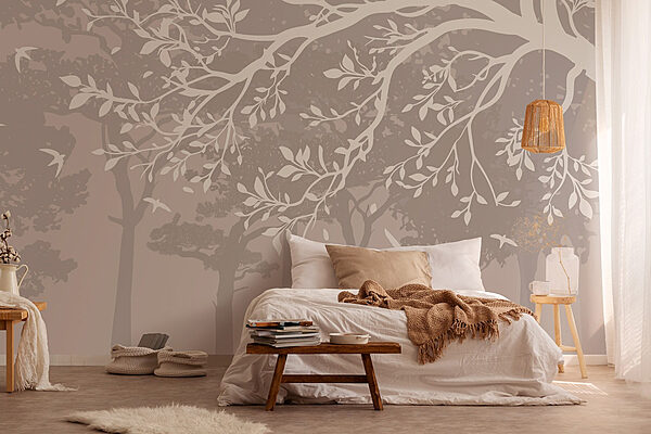 Group of trees with birds flying Wall murals Group of trees with birds flying