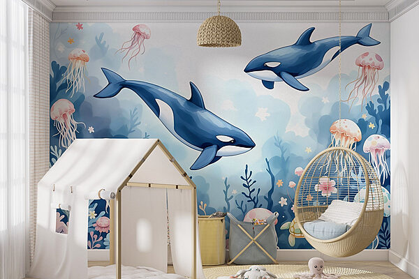 Whale and turtle swimming in the ocean Wall murals Whale and turtle swimming in the ocean