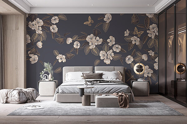 White flowers and leaves on a gray background Wall murals White flowers and leaves on a gray background