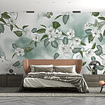 Wall murals White flowers and green leaves on a white background