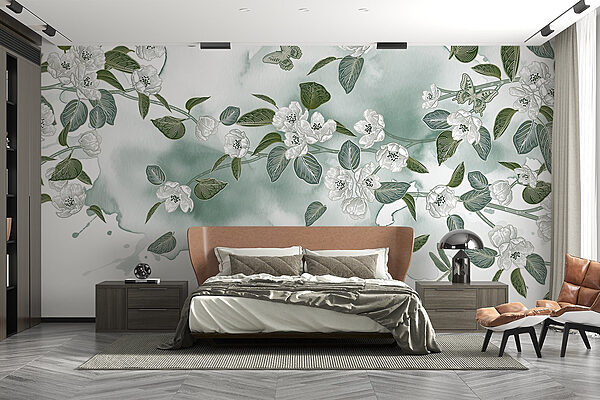 White flowers and green leaves on a white background Wall murals White flowers and green leaves on a white background