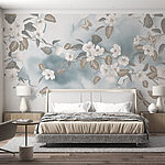 Wall murals White flowers and leaves on a blue background