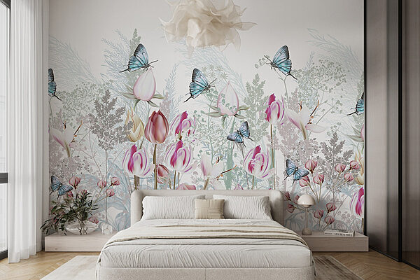 Fluttering beauty in a floral garden Wall murals Fluttering beauty in a floral garden