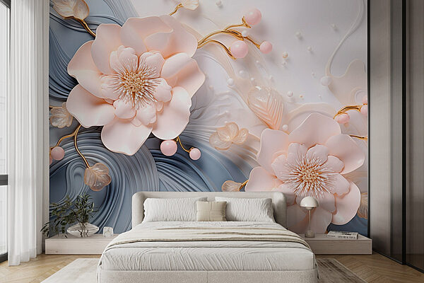 Delicate blossoms on flowing backdrop Wall murals Delicate blossoms on flowing backdrop