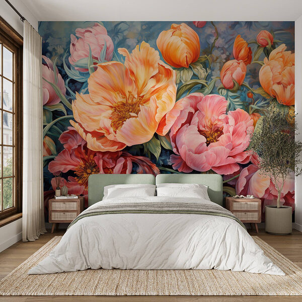 Painting of flowers on a blue background Wall murals Painting of flowers on a blue background