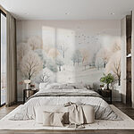 Wall murals Snowy landscape with trees and birds