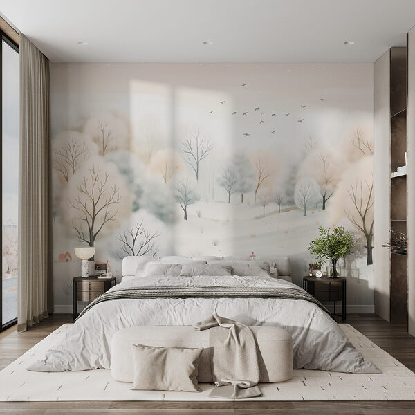 Snowy landscape with trees and birds Wall murals Snowy landscape with trees and birds