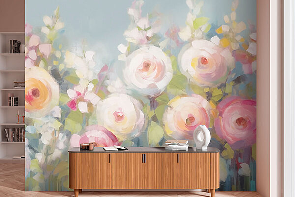 Painting of flowers on a blue background Wall murals Painting of flowers on a blue background