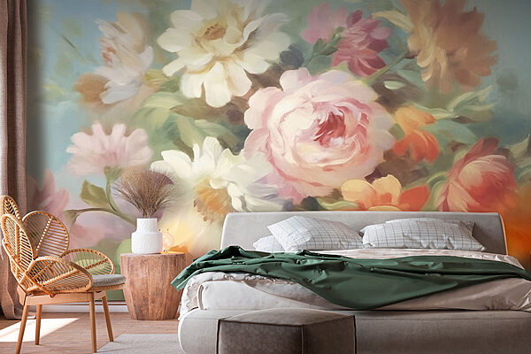 Painting of flowers on a blue background Wall murals Painting of flowers on a blue background