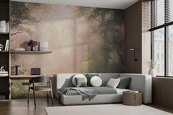 Foggy forest with trees and plants Wall murals Foggy forest with trees and plants
