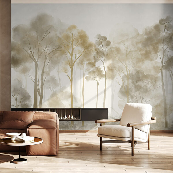 Group of trees in a foggy forest Wall murals Group of trees in a foggy forest