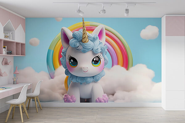 Toy unicorn with a rainbow in the background Wall murals Toy unicorn with a rainbow in the background