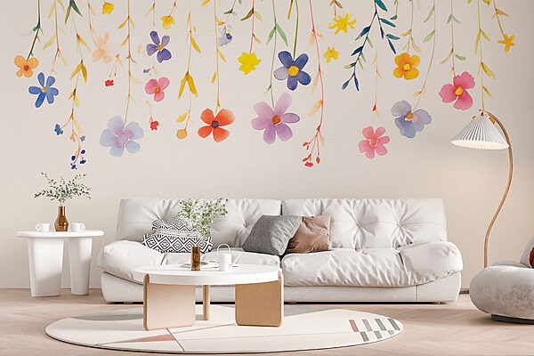 Watercolor painting of flowers and leaves Wall murals Watercolor painting of flowers and leaves