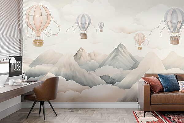 Wall murals Group of hot air balloons in the sky above mountains (SKU: w08853)