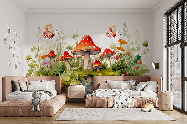 Painting of mushrooms and butterflies Wall murals Painting of mushrooms and butterflies
