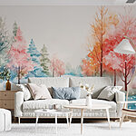 Wall murals Watercolor painting of a snowy road with trees