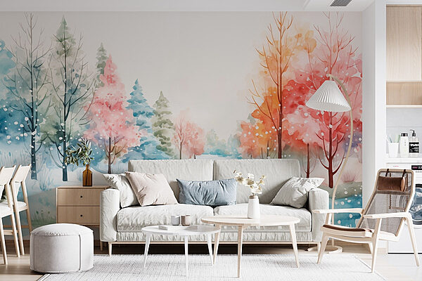 Watercolor painting of a snowy road with trees Wall murals Watercolor painting of a snowy road with trees