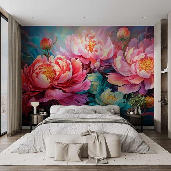 Wall murals Wall murals Painting of flowers on a blue background (SKU: w08879)
