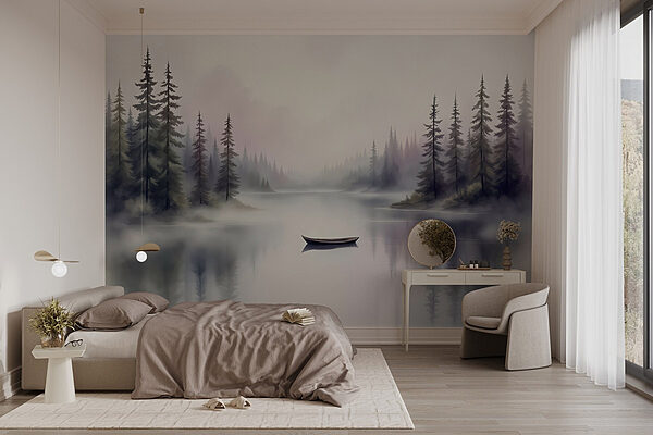 Boat on a lake with trees in the background Wall murals Boat on a lake with trees in the background
