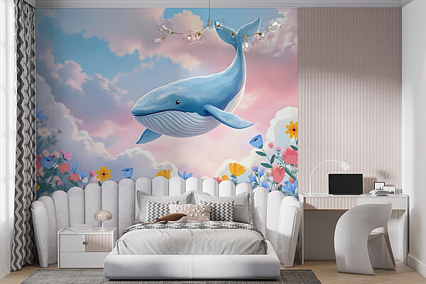 Whale flying over flowers Wall murals Whale flying over flowers