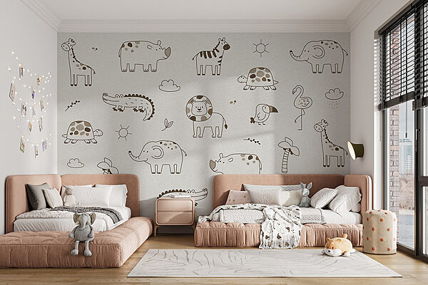 Group of animals drawn on a white surface Wall murals Group of animals drawn on a white surface