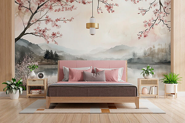 Watercolor painting of a lake with trees and mountains Wall murals Watercolor painting of a lake with trees and mountains