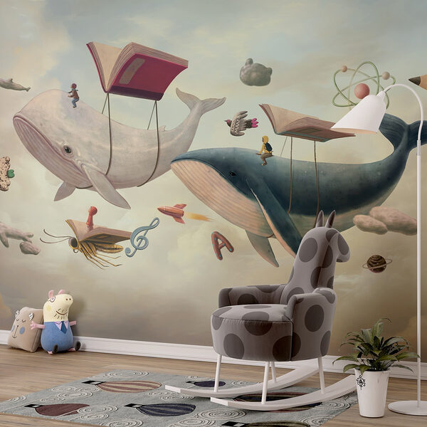 Whale and whale with books and a book on them Wall murals Whale and whale with books and a book on them