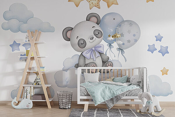 Cartoon panda sitting on a cloud with balloons Wall murals Cartoon panda sitting on a cloud with balloons