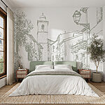 Wall murals Drawing of a street with buildings and a bell tower