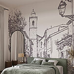 Wall murals Drawing of a street with buildings and a bell tower
