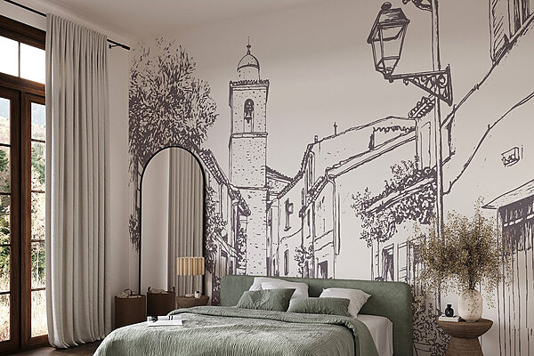 Drawing of a street with buildings and a bell tower Wall murals Drawing of a street with buildings and a bell tower