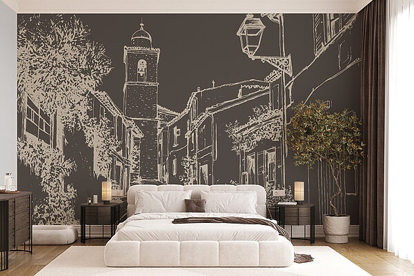 Wall murals Wall murals Drawing of a street with buildings and a bell tower (SKU: w03345v2)