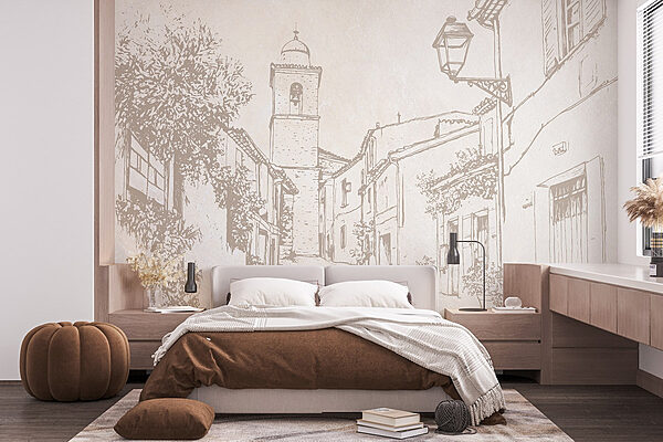 Drawing of a street with a bell tower Wall murals Drawing of a street with a bell tower
