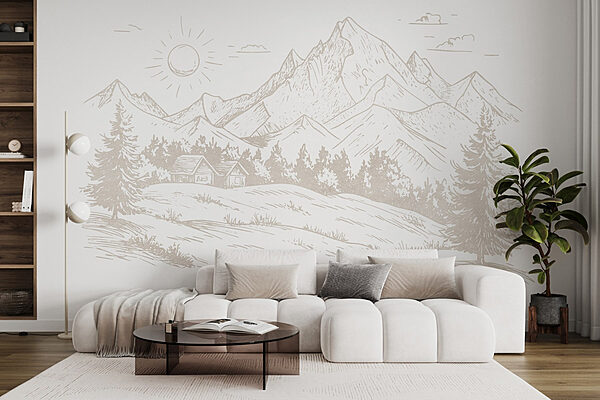 Drawing of a landscape with mountains and trees Wall murals Drawing of a landscape with mountains and trees