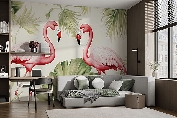 Couple of pink flamingos with green leaves Wall murals Couple of pink flamingos with green leaves