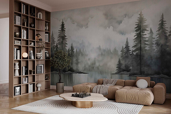 Watercolor painting of a forest and a lake Wall murals Watercolor painting of a forest and a lake