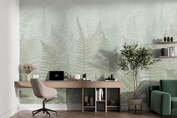 Fern leaves in a foggy environment Wall mural Fern leaves in a foggy environment