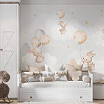 Wall murals Group of bunnies flying with balloons in the sky