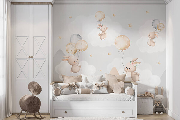 Wall murals Group of bunnies flying with balloons in the sky