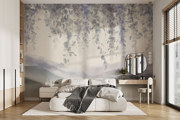 Painting of a landscape with fog and leaves Wall mural Painting of a landscape with fog and leaves